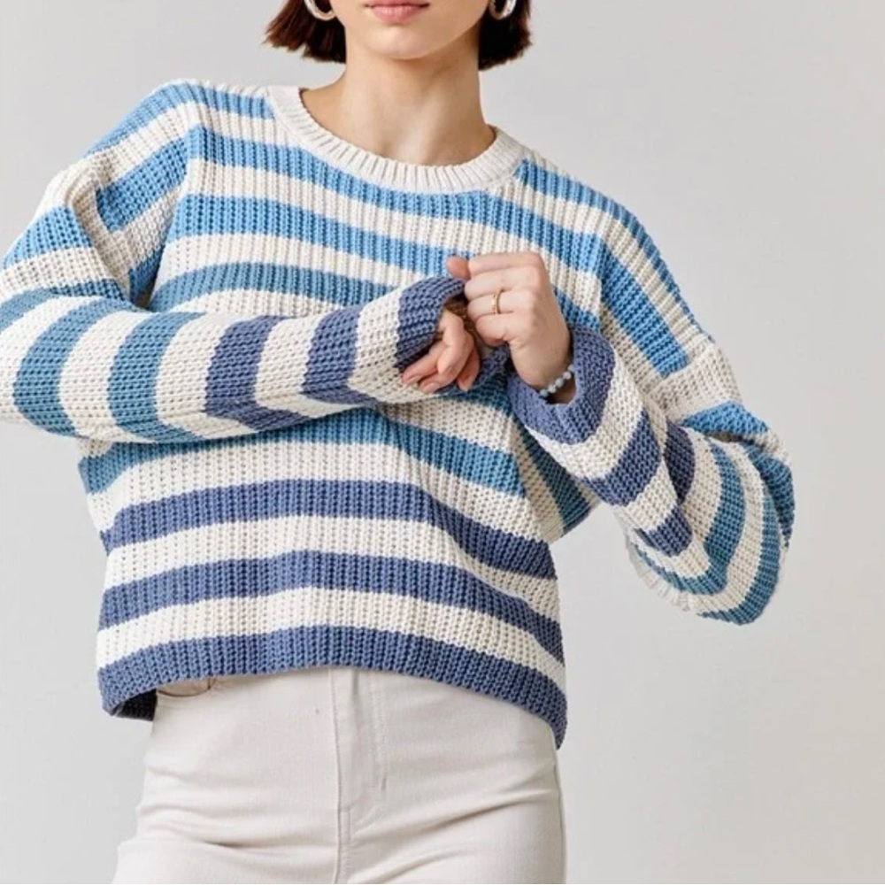 Miami Blue and White Crew Neck Sweater Nautical Stripes